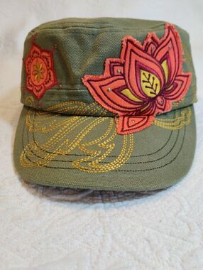 Karma Hat "Find Your Own Bliss" Floral Applique Studded Embroidered Cadet Cap
